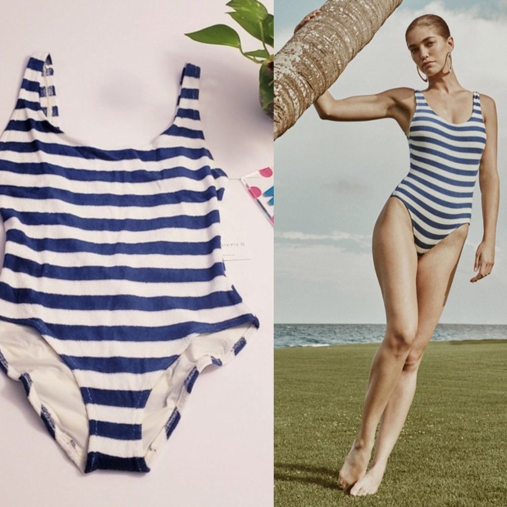 SOLID STRIPED ANTHROPOLOGIE One Piece Swimsuit S Blue White Towel Swim NEW $230 - Picture 3 of 12